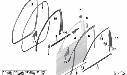 Junta de puerta delantera derecha OEM 51767341646 para BMW F90, F90N, G30, G30N, G31, G31N, G38, G38N. Original BMW.