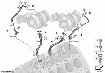 Öleinspannrohr für Turbolader für BMW F90, G30, G11, G12, F91, F92, F93, F95, F96, G07 (OEM 11427934655). Original BMW.