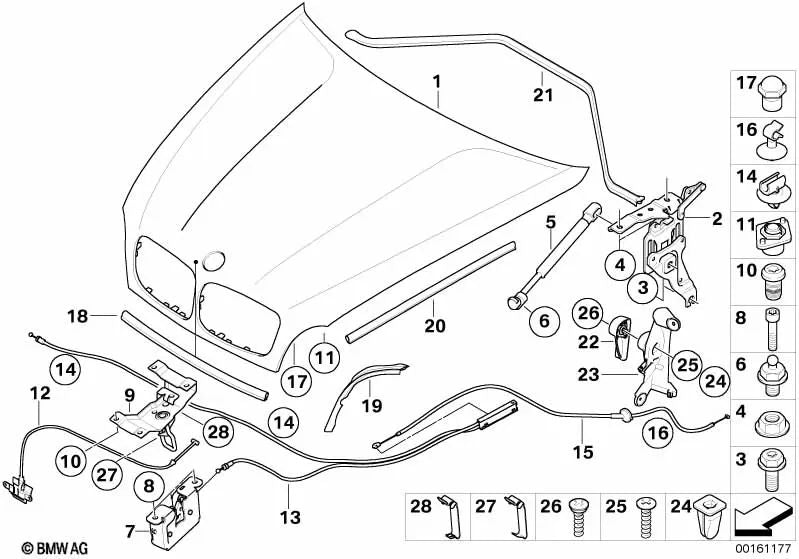 Cabo Bowden para a ativação do capô frontal para BMW X5 E70, E70N, X6 E71, E72 (OEM 51237184456). BMW original.