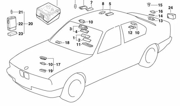 Luz interior trasera izquierda OEM 63318359073 para BMW E34. Original BMW.