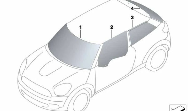 Luna trasera OEM 51319808970 para MINI R61 {Cooper, Cooper D, Cooper S, Cooper ALL4}. Modelos compatibles: RS21, RS22, RS41, RS42, SS11, SS12, SS21, SS22, RJ81, RJ82. Original MINI.