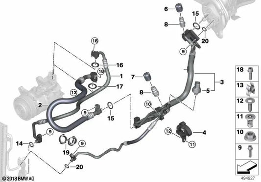 Verdampfersaugrohr zum BMW -Kompressor -Serie 1 F20N, F21N, Serie 2 F22, F22N, F23, F23N, 3 F30N -Serie, F31N, F35N, Serie 4 F32, F32N, F36, F36N (OEM 64539337134). Original BMW