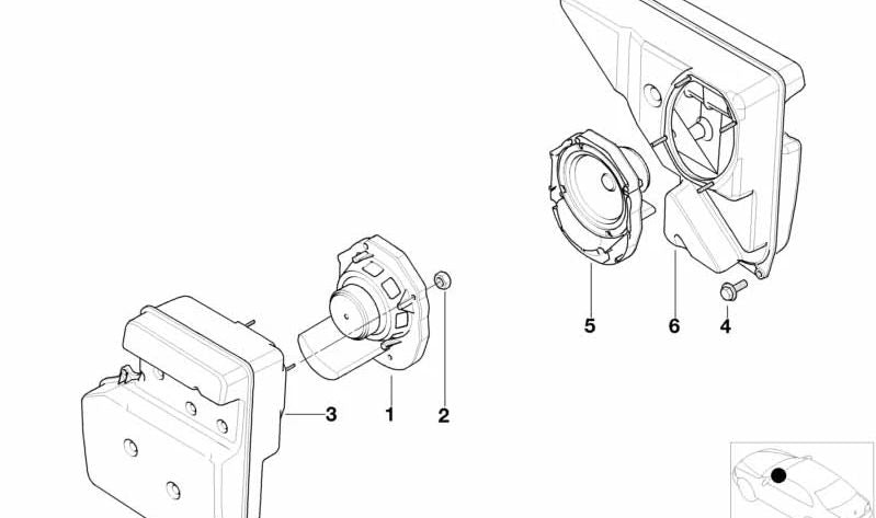 Altavoz de graves izquierdo OEM 65106900717 para BMW Z8 (E52). Altavoz original BMW para el lado del conductor. Repuesto original BMW.