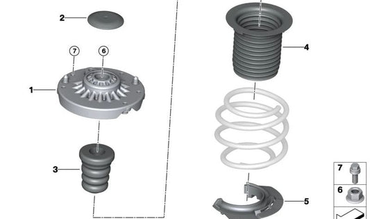 Aislante inferior de suspensión OEM 31336889531 para BMW F70, U06, U11, U12, U10 y MINI U25. Pieza original BMW y MINI.