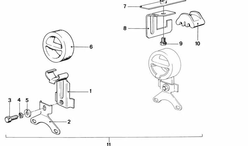 Soporte de suspensión del tubo de escape OEM 18211246567 para BMW Serie 3 E21, modelos 315 y 316. Original BMW.