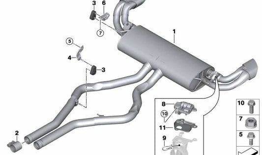 Silenciador trasero OEM 18307645675 para BMW X5 F15 xDrive50i {KR61, KR62, KR63, KR65, KR81}. Compatible con modelos fabricados entre 2013 y 2018. Original BMW.