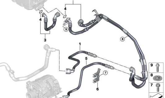 Tuerca hexagonal con arandela OEM 13748595109 para BMW G42 220d, G20 316d, 318d (todos los tipos indicados). Pieza del sistema de refrigeración de batería. Original BMW.
