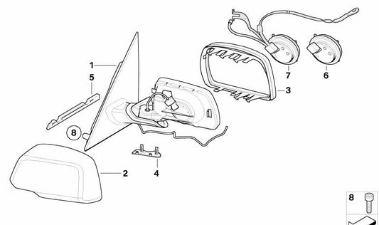 Heated right side mirror for BMW X3 E83 (OEM 51163452706). Original BMW