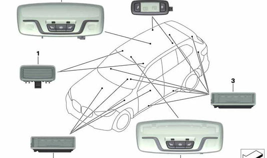 Luz interior techo panorámico derecha OEM 63317911116 para BMW G05, F95, G07. Compatible con modelos X5 y X7. Original BMW.
