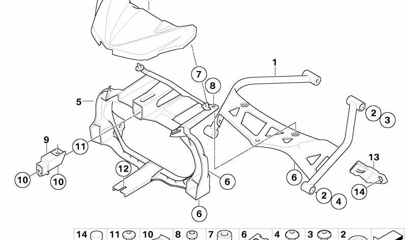 Soporte de revestimiento delantero OEM 46637695486 para motos BMW K 1200 R, K 1200 R Sport, K 1300 R. Original BMW Motorrad.
