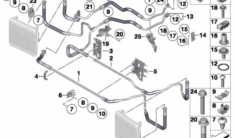Tubería de retorno del radiador de aceite OEM 17227589514 para BMW F01 y F02 (750i, 750Li con motor N63). Original BMW.