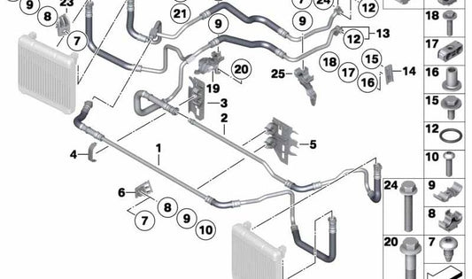 Tubería de retorno del radiador de aceite OEM 17227589514 para BMW F01 y F02 (750i, 750Li con motor N63). Original BMW.