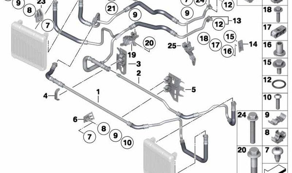 Tubería de retorno del radiador de aceite OEM 17227589514 para BMW F01 y F02 (750i, 750Li con motor N63). Original BMW.