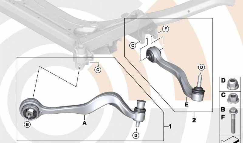 Kit de reparación brazo de suspensión derecho para BMW E63, E64, E65, E66 (OEM 31122347984). Original BMW