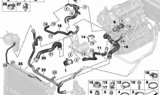 Manguera superior del radiador OEM 17127577965 para BMW E90, E91, E92. Conduce el refrigerante del motor hacia el radiador. Original BMW.