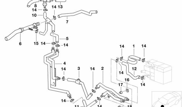 Tubo de retorno calefacción OEM 64218363928 para BMW E39 520i (modelos con motor M52 y M54, cambio manual y automático, tracción trasera). Original BMW.