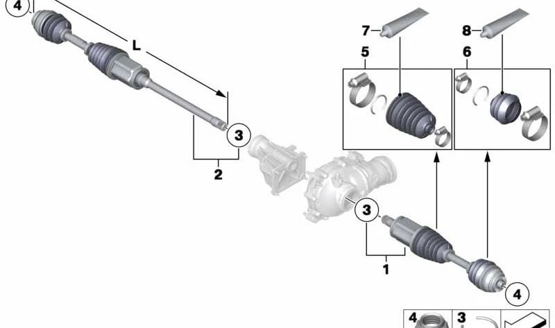 Kit reparación fuelle interior OEM 31608636505 para BMW X5 (F15, F85) y X6 (F16, F86). Pieza original BMW, compatible con el sistema de tracción delantera (cardán/abtriebswelle).
