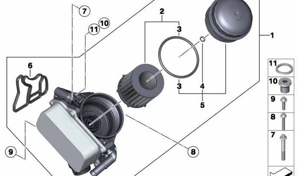 Tapa del filtro de aceite OEM 11427611388 para BMW F30, F10, F11, E84, F25, E89. Compatible con sistemas de aceite. Pieza original BMW.