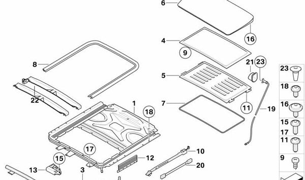 Mecanismo techo solar OEM 54107198136 para BMW E60, E60N, E65, E66, E71, E72. Compatible con modelos serie 5, 7 y X6 con techo solar corredizo. Recambio original BMW.