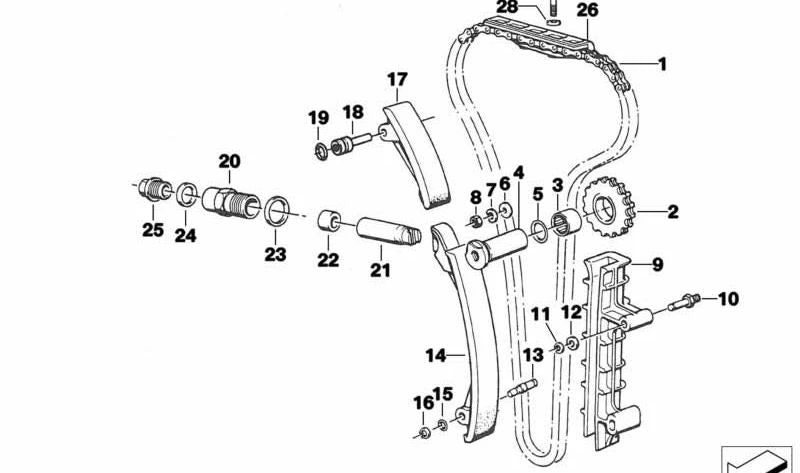 Pistón tensor cadena distribución OEM 11311307795 para BMW E21, E23, E24, E28, E30, E31, E32, E34, E36, E38, E39, E46, E52, E53, Z1. Original BMW.