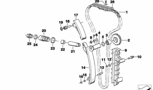 Pistón tensor cadena distribución OEM 11311307795 para BMW E21, E23, E24, E28, E30, E31, E32, E34, E36, E38, E39, E46, E52, E53, Z1. Original BMW.