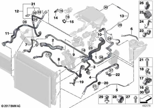 Expansion tank pipe for BMW 5 Series G30, G30N, G31, G31N, 7 Series G11, G11N, G12, G12N (OEM 17128575766). Original BMW