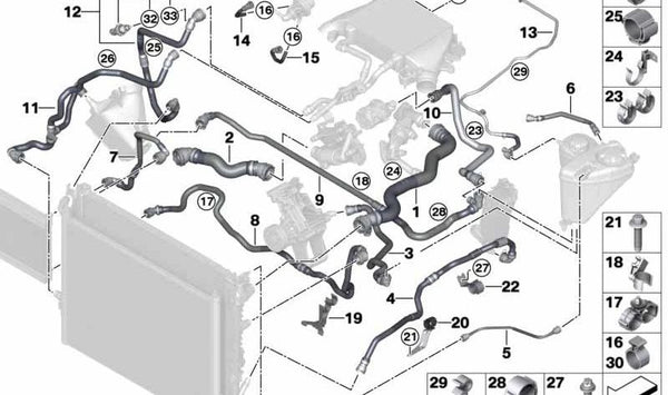 Manguera del radiador OEM 17128575767 para BMW G30, G31, G11 y G12. Original BMW.