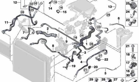 Manguera refrigerante motor OEM 17128575764 para BMW G30, G30N, G31, G31N, G11, G11N, G12, G12N. Original BMW.