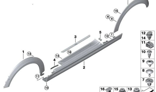 Moldura arco de rueda delantera izquierda OEM 51775A01545 para MINI F56 Cooper SE. Original MINI.