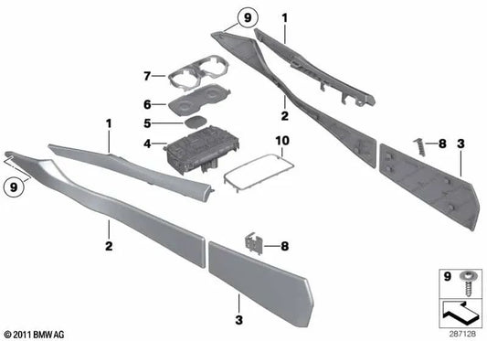 Right center console panel for BMW 7 Series F01, F01N, F02, F02N, F04 (OEM 51169171236). Original BMW.