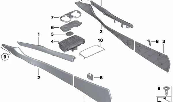 Embellecedor consola central derecha para BMW F01N, F02N (OEM 51169273466). Original BMW.