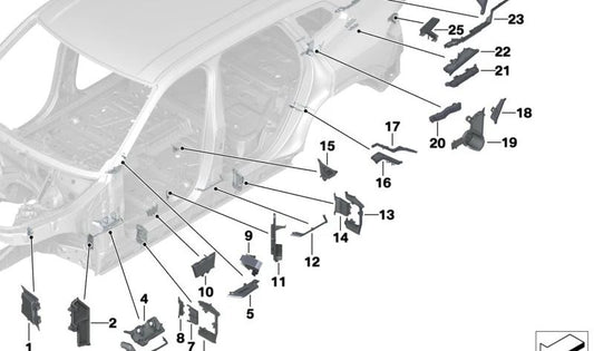 Embellecedor entrada trasera izquierda OEM 41009879585 para BMW X5 {F95, F95N, G05, G05N, G18, G18N}, X6 {F96, F96N, G06, G06N}, X7 {G07, G07N}, XM {G09}. Original BMW.