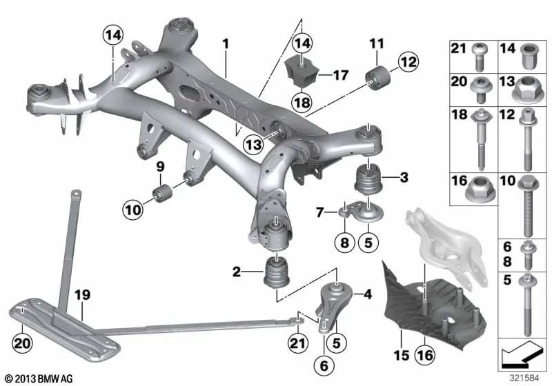 Front rubber mount for BMW 1 Series F20, F21; 2 Series F22, F23; 3 Series F30, F31, F34, F35; 4 Series F32, F33, F36 (OEM 33316792513). Original BMW