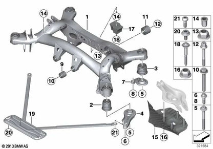 Front rubber mount for BMW 1 Series F20, F21; 2 Series F22, F23; 3 Series F30, F31, F34, F35; 4 Series F32, F33, F36 (OEM 33316792513). Original BMW