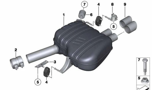 Silencioso trasero OEM 18307807128 para BMW F01, F02. Original BMW.