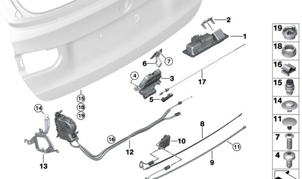 Tapa cámara marcha atrás OEM 51247463164 para BMW F22, F23, F45, F46, F87, F30, F31, F34, F35, F80, F32, F36, F82, F48, F49, F25, F26, F15, F85, F16, F86. Original BMW.