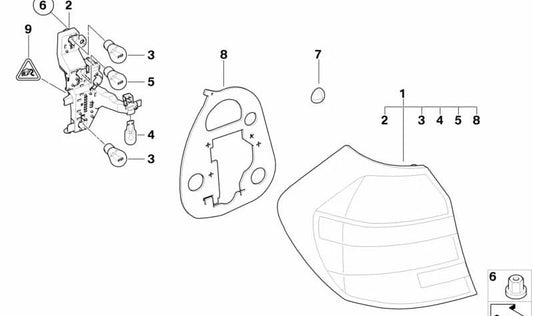 Portalámparas luz trasera derecha OEM 63217164964 para BMW E81, E87. Original BMW.