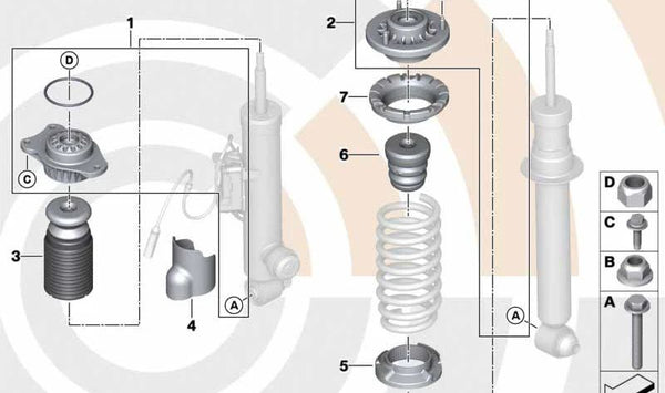 Kit de reparación soporte suspensión OEM 33522451580 para BMW F07, F07N, F11, F11N. Original BMW.