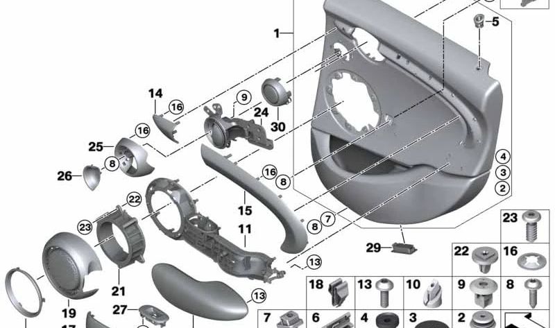 Panel protector puerta trasera izquierda OEM 51427322687 para MINI F55, F55 LCI. Original MINI.