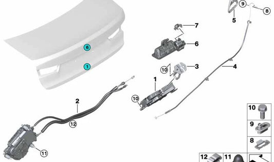Cable Bowden desbloqueo emergencia OEM 51497430621 para BMW G20 316d, 318d (todos los motores). Sistema apertura maletero de emergencia. Original BMW.
