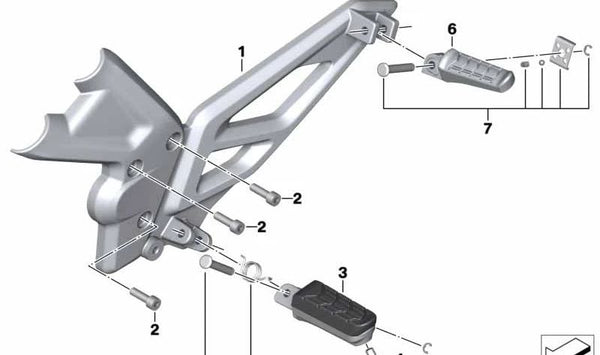 Soporte reposapiés derecho OEM 46719457564 para BMW Motorrad G 310 R (GK03, años 2016-2020). Pieza original BMW Motorrad.