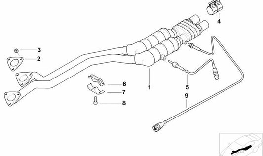 Silenciador intermedio OEM 18301427237 para BMW Serie 5 E39 528i (modelos DD51, DD52, DD61, DD62, DH51, DH52, DH61, DH62, DM51, DM52). Original BMW.