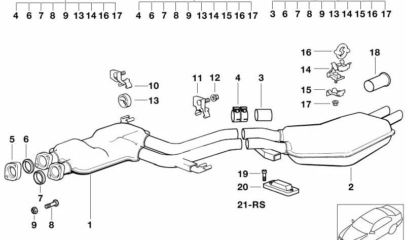 Kit d'assemblage de silence arrière OEM 18210143441 pour BMW E34. Compatible avec les modèles BMW 5 E34. BMW d'origine.