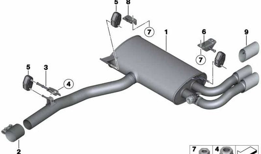 Silencioso trasero con válvula de escape OEM 18308686884 para BMW F25 y F26. Original BMW.