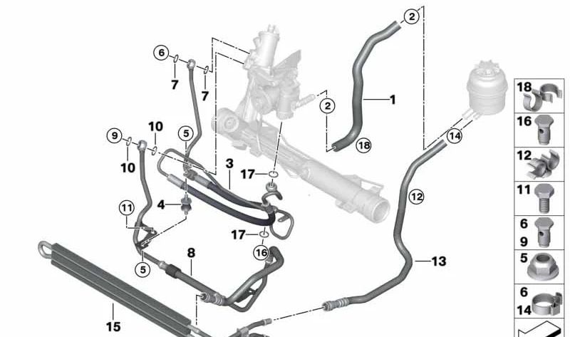 Dehnschlauch para BMW Series 1: E81, E82, E87, E87N, E88; Série 3: E90, E90N, E91, E91N, E92, E92N, E93, E93N (OEM 32416784335). BMW original.