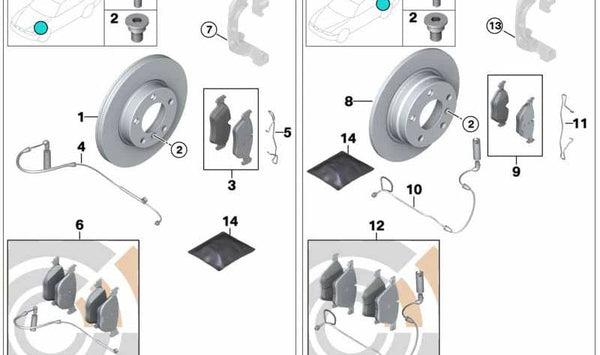 Juego de discos de freno traseros con pastillas OEM 34212179171 para MINI R50, R52, R53. Original MINI.