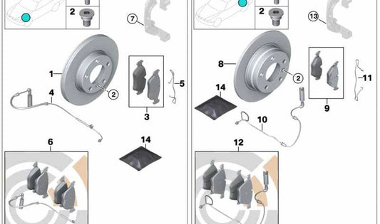 Juego de forros de freno + sensor OEM 34112167233 para MINI R50, R52, R53. Original MINI.