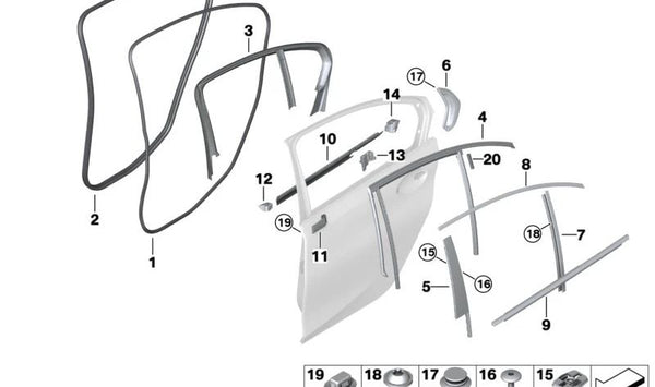 Cubierta del marco de la ventana trasera izquierda OEM 51359483227 para BMW G20. Original BMW.