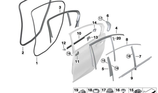 Porta posteriore sinistra B-pilar sigillata per BMW G20, G21, G28, G80, G81 (OEM 51357407433). BMW originale