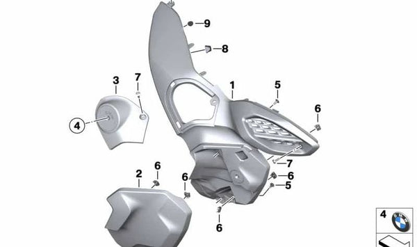 Tapa conducto de admisión izquierda OEM 46638560315 para BMW Motorrad R 1250 GS Adventure (RK51, 0J51 A74 y 0M11 A74). Compatible desde 2018 hasta 2024. Original BMW Motorrad.